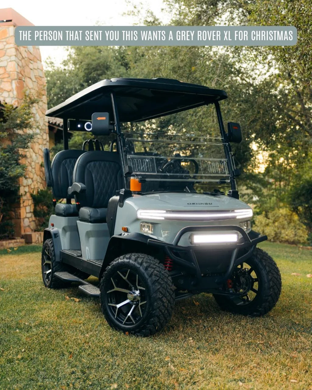 Carro de golf eléctrico Denago Rover XL gris 4 pasajeros en jardín